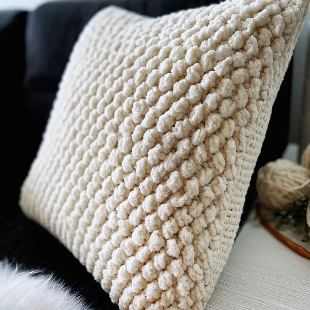 Sweater Weather Pillow: An Easy Crochet Pattern - finished dish