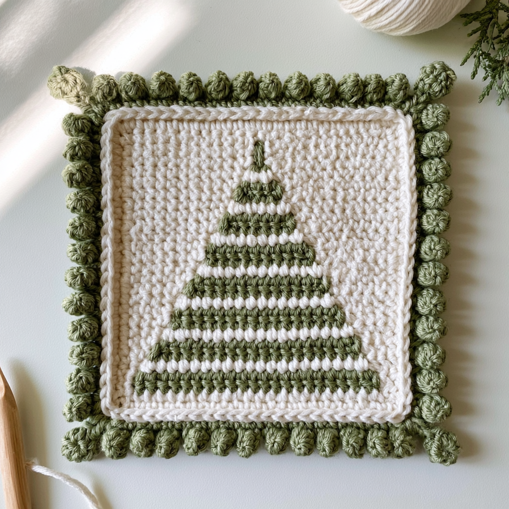Crochet Tree Stripe Hot Pad with Dot Border Pattern