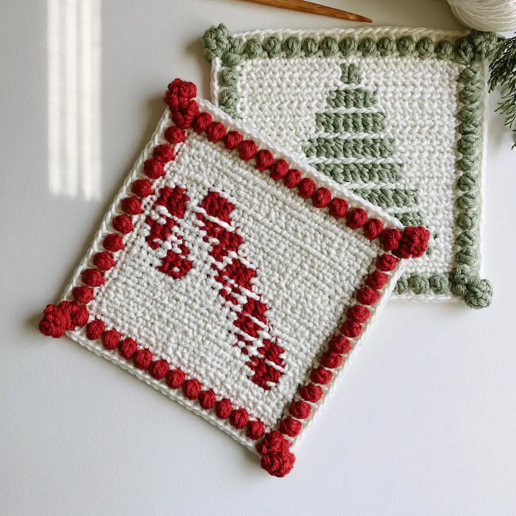 Crochet Tree Stripe Hot Pad with Dot Border Pattern - step by step